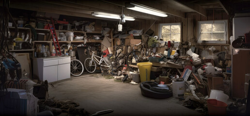 An illustration of a very messy and dirty garage of a hoarder that needs a deep cleaning and trash removal (generative AI) - obrazy, fototapety, plakaty