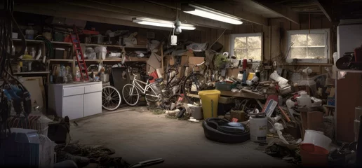 An illustration of a very messy and dirty garage of a hoarder that needs a deep cleaning and trash removal (generative AI) © jonathon