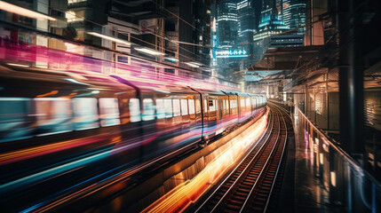 Fototapeta na wymiar A high-speed train racing through a city