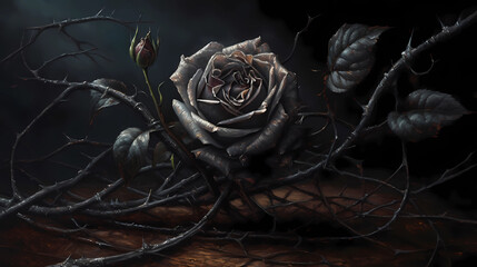 A painting of a black rose with thorns. digital art illustration