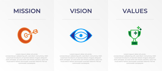Mission, Vision and Values Infographic Vector template banner design. 3 steps infographic banner of company with Abstract icon and Modern flat design. Business vision presentation banner.