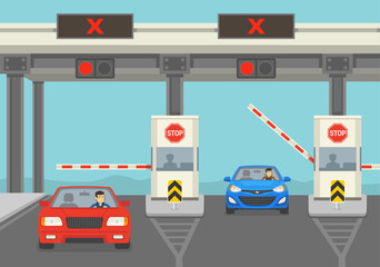 Cars passing through highway checkpoint with barriers. Front view of traffic flow. Flat vector illustration template. - obrazy, fototapety, plakaty