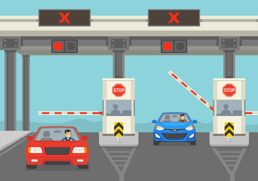 Cars passing through highway checkpoint with barriers. Front view of traffic flow. Flat vector illustration template.