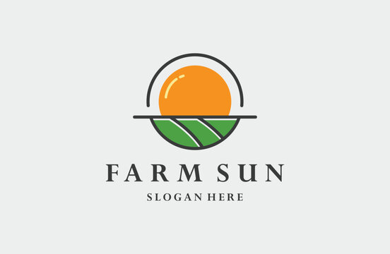 Vector farm sun icon template. Linear organic farming symbol illustration .