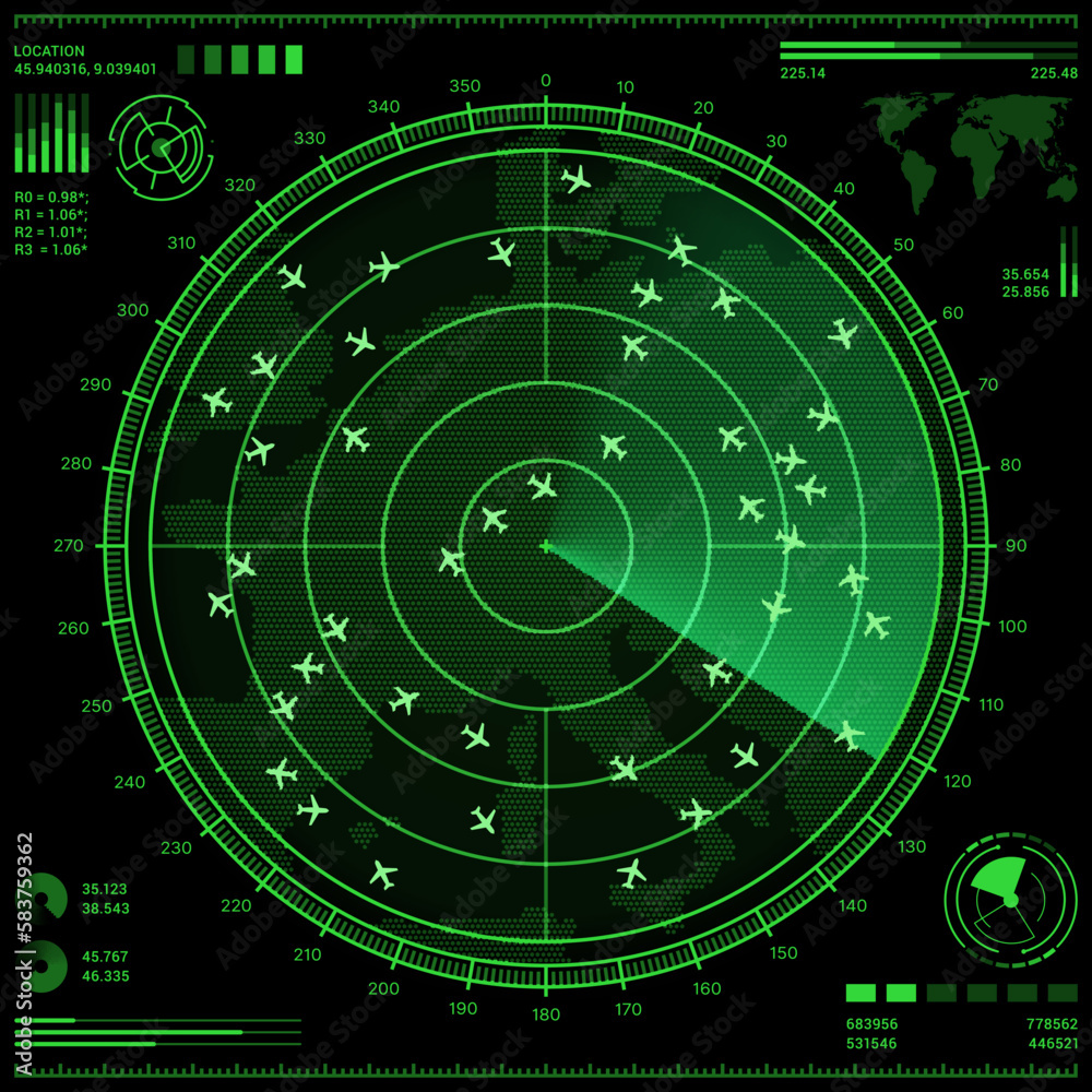 Aufkleber Air control radar screen with airplanes and world map. Vector HUD ui of air traffic control system, plane navigation and flight tracking digital display futuristic interface with green radar scan