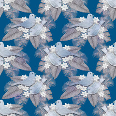 Seamless pattern in blue tones with birds and plant leaves. Watercolor.