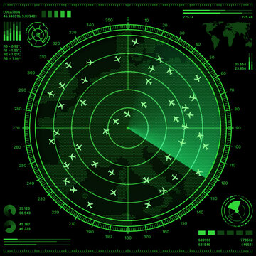 Air control radar screen with airplanes and world map. Vector HUD ui of air traffic control system, plane navigation and flight tracking digital display futuristic interface with green radar scan