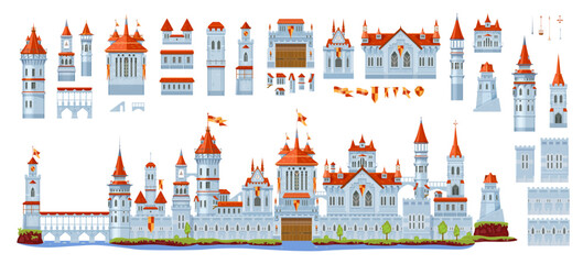 Medieval fortress castle constructor. Vector architecture elements of ancient palace building, stone walls, towers, flags and archways, gates and windows set. Fantasy castle, palace, fort and citadel © Vector Tradition