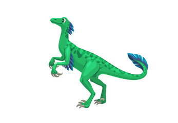 Fototapeta premium Cartoon troodon dinosaur character. Isolated vector small carnivorous dino that lived in North America during the Cretaceous Period. Prehistoric reptile, wildlife lizard biped predator with feathers
