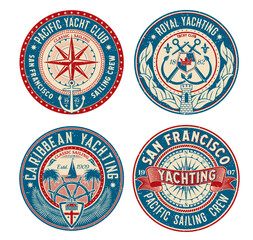 Yacht club retro patch, regatta badge and marine boat crew vector emblems. Yachting sport team heraldic signs with anchor and ship helm, royal yacht club patches for navy regatta or sailing adventure - obrazy, fototapety, plakaty