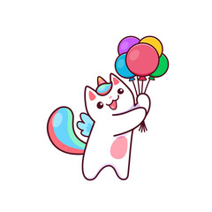 Obraz na płótnie Canvas Cartoon cute kawaii caticorn character with air balloons, cat kitty unicorn, kids vector. Cheerful funny caticorn or happy kitty unicorn with rainbow birthday balloons, baby magic caticorn kitten