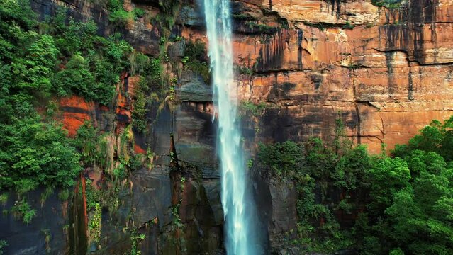 Fitzroy Falls, Australia, Aerial Drone Ascending Downward Pan of Cascade