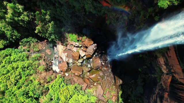 Fitzroy Falls, Australia, Aerial Drone Flys Down Cascading Falls