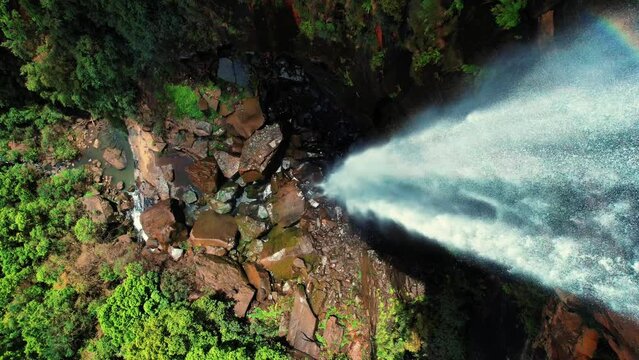 Fitzroy Falls, Australia, Aerial Drone Descends into Waterfall