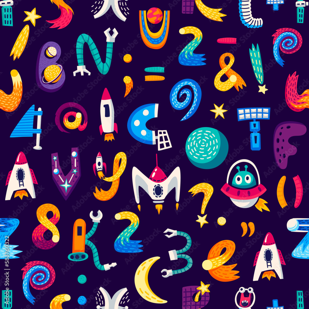 Poster kids space cartoon letters and numbers seamless pattern. vector background with creative font in cos