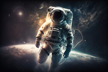  An astronaut standing on the surface of a planet, space art