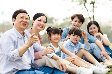 image of an asian family sitting together on the grass at the park