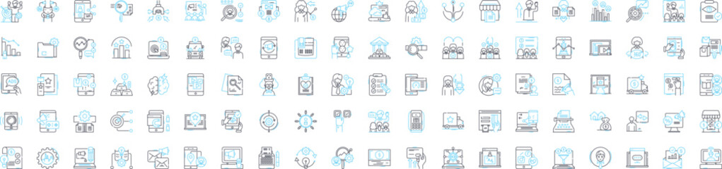 Marketing production vector line icons set. Promotion, Strategy, Advertising, Distribution, Branding, Analysis, Creativity illustration outline concept symbols and signs