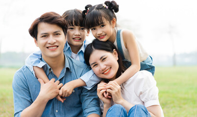 image of an asian family sitting together on the grass at the park