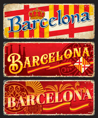Barcelona travel stickers and plates or Spain city luggage tags, vector tin signs. Spain travel and tourism plates with Spanish flag, landmark of Sagrada Familia and city emblem or coat of arms