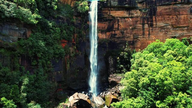 Fitzroy Falls, Australia, Aerial Drone Faces Falls and Ascends Upward