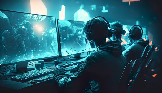  E-sport gaming player teams with illustration art and speed light stlye.competition and strategy for success.stream technology.ai generated images