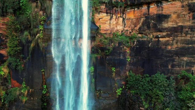 Fitzroy Falls, Australia, Aerial Drone Pans Right Around Cascading Water