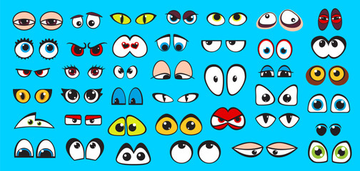 Cartoon comic eyes characters. Vector emotion expression emoticons with cute, funny, angry and mad, sad and happy look eyes. Comic face elements set with doodle eyeballs, eyebrows, eyelids, eyelashes © Vector Tradition