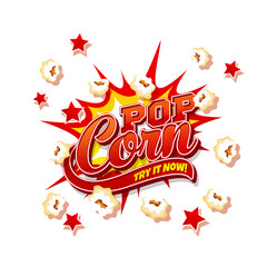 Popcorn snack explosion, cartoon pop corn burst splash, vector background. Popcorn splash and halftone text with stars explosion, Try It Now commercial advertising for cinema bar or movie snacks menu