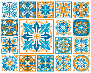 Moroccan and azulejo tile patterns. Majolica, talavera ornament. Spanish ethnic fabric print, ceramic tile mediterranean vector patterns or Turkish arabesque wallpaper or azulejo backdrop, floor decor