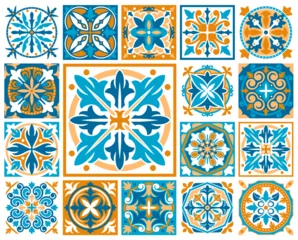 Papier peint Portugal carreaux de céramique Moroccan and azulejo tile patterns. Majolica, talavera ornament. Spanish ethnic fabric print, ceramic tile mediterranean vector patterns or Turkish arabesque wallpaper or azulejo backdrop, floor decor