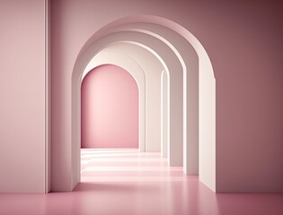 Minimalistic empty pink archway, generative ai composite.