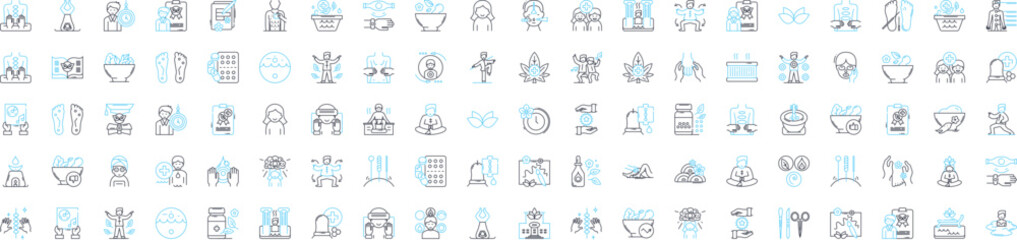 Alternative medicine vector line icons set. Holistic, Naturopathy, Homeopathy, Acupuncture, Ayurveda, Reiki, Aromatherapy illustration outline concept symbols and signs - obrazy, fototapety, plakaty