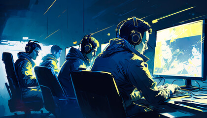  E-sport gaming player teams with illustration art and speed light stlye.competition and strategy for success.stream technology.ai generated images