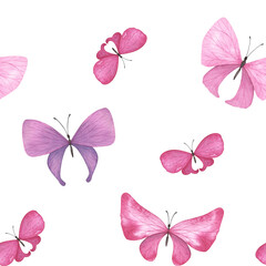 Seamless pattern violet butterfly with detailed wings isolated on white background. Watercolor hand drawn for design