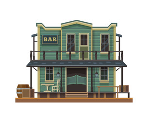 Western, Wild West bar in cowboy town, old cartoon building, vector country wooden saloon. American Wild West or Texas country bar for cowboys, Western antique house building with signage