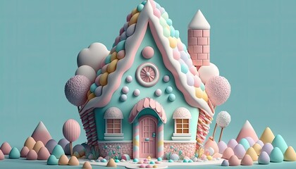 A bright fun cottage made out of pastel coloured candy, generative ai composite.