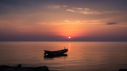 Naklejka premium Boat at sea with the sunset in the distance, generative ai composite.