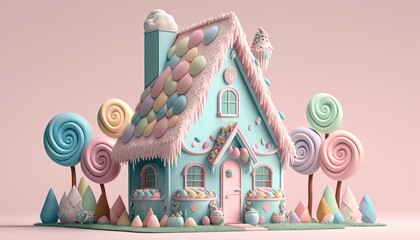 Playful candy home with garden in soft pastel hues, generative ai composite.