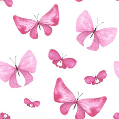 Seamless pattern pink butterfly with detailed wings isolated on white background. Watercolor hand drawn for design