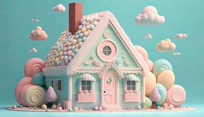 Pastel candy miniature house, generative ai composite.