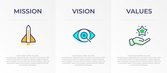 Mission, Vision and Values Infographic Vector template banner design. 3 steps infographic banner of company with Abstract icon and Modern flat design. Business vision presentation banner. © artnazu