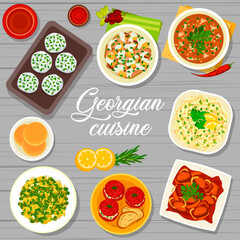 Georgian cuisine menu cover vector template. Beef tongue salad, beef with Tkemali sauce and tomato sauce Satsebeli, baked green beans, flatbread and stuffed tomatoes, cabbage salad, cheese mint balls