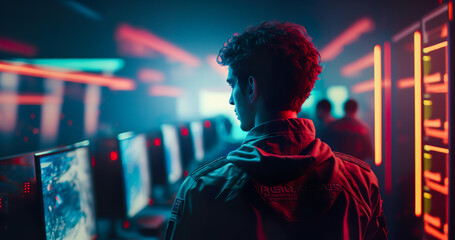  E-sport gaming player teams with illustration art and speed light stlye.competition and strategy for success.stream technology.ai generated images