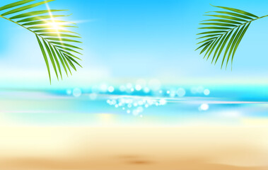 Fototapeta na wymiar Realistic summer beach tropical landscape with sea waves, palm leaves and sand, vector background. Ocean island, water lagoon and sun in sky, palm leaf and sunshine or sunlight flares in paradise