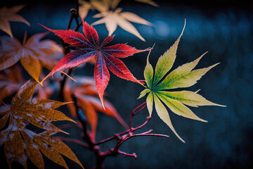 Closeup Beautiful maple leaves in autumn sunny day , wallpaper background.