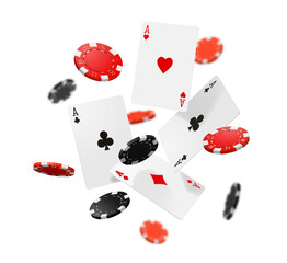 Flying casino poker cards and chips. Realistic 3d vector gambling game, jack pot, falling aces, red and black round pieces. Big win online casino bets, internet gamble or vegas club playing recreation