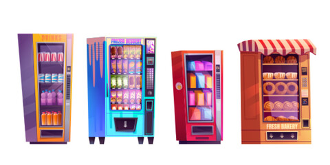 Vector vending machine with drink and snack food. Isolated cartoon dispenser icon set selling bottle, coffee can, bakery and ice cream. Vendingmachine full slot of sweets, juice and cracker. - obrazy, fototapety, plakaty