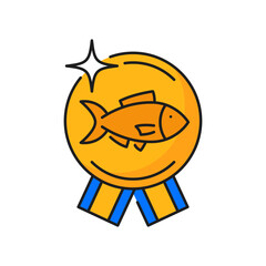 Fishing industry product quality medal line icon. Seafood production or food manufacture award, fishing industry company prize or label outline vector sign. Fish product quality golden medal pictogram
