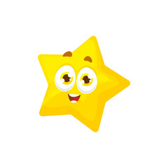 Cartoon star character with cheerful expression, yellow star shaped body, smiling playful face and pointy rays. Cute vector personage for kids book or game with expressive eyes and funny appearance